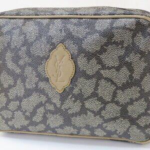 Auth YVES SAINT LAURENT Beige & Brown Leather Pouch Clutch Bag Purse #54320F